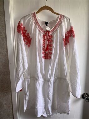 J. Crew White Tunic Swimsuit Cover with Red Embroidery